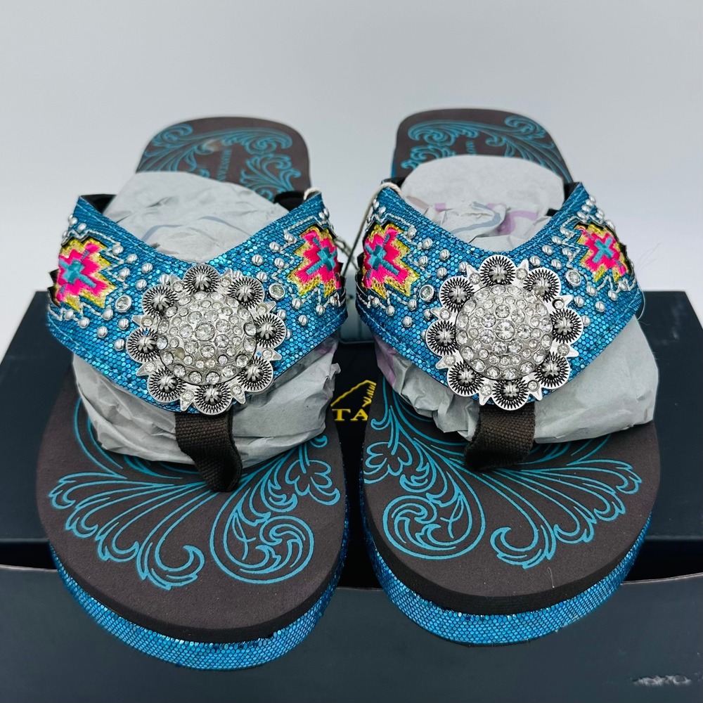 Montana West Flip Flops Womens 8 Turquoise Rhinestone Wedge NEW